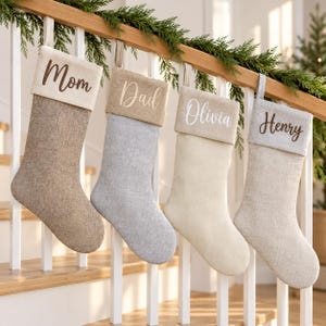 Quilted Family Christmas Stockings, Personalized Embroidered  Linen Stocking, Modern Natural Decor, Family Keepsake Gifts, Holiday Decor