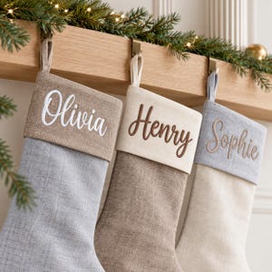 Quilted Family Christmas Stockings, Personalized Embroidered  Linen Stocking, Modern Natural Decor, Family Keepsake Gifts, Holiday Decor