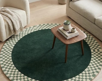 Handmade Green Checkerboard Border Round Wool Rug Modern Checkered Tufted Living Room Carpet"