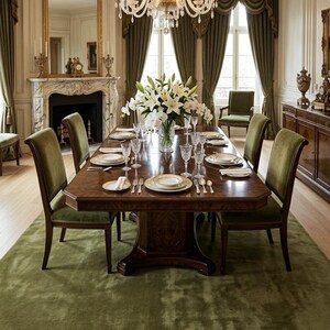 May include: A formal dining room featuring a large rectangular wooden table with six olive green upholstered chairs. A crystal chandelier hangs above a centerpiece of white lilies. The room includes a marble fireplace, gold-framed mirror, and olive green curtains.