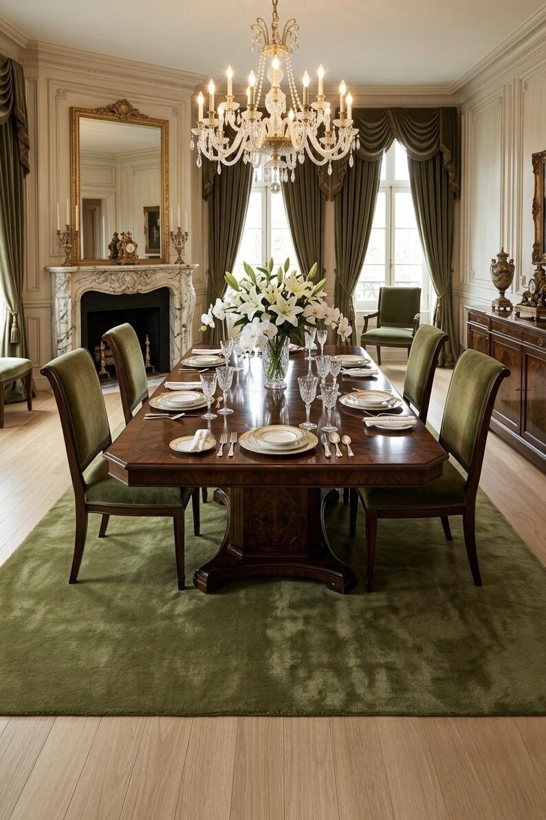 May include: A formal dining room featuring a large rectangular wooden table with six olive green upholstered chairs. A crystal chandelier hangs above a centerpiece of white lilies. The room includes a marble fireplace, gold-framed mirror, and olive green curtains.