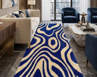 Handgetufteter abstrakter Wollteppich, moderner blau-beiger Teppich, luxuriöser Wohnbereich