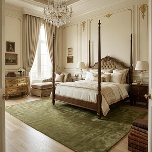 May include: A bedroom featuring a dark wood four-poster bed with cream bedding, a large olive green area rug, a crystal chandelier, a gold-toned chest of drawers, a chaise lounge, and two bedside tables with lamps against paneled walls.