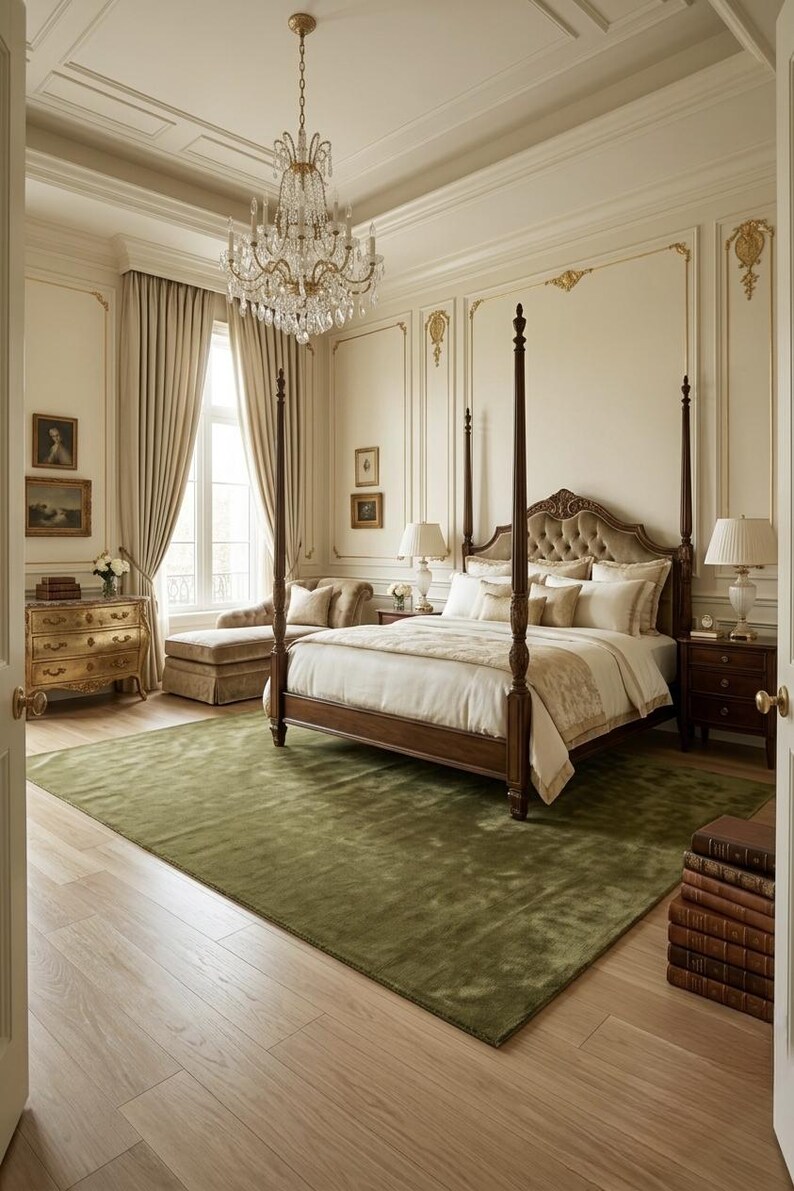 May include: A bedroom featuring a dark wood four-poster bed with cream bedding, a large olive green area rug, a crystal chandelier, a gold-toned chest of drawers, a chaise lounge, and two bedside tables with lamps against paneled walls.