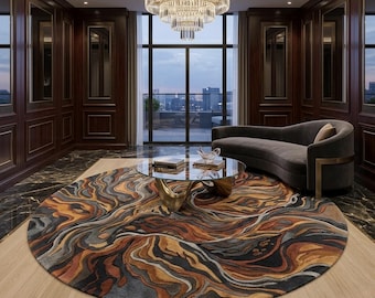 Round Hand Tufted Rug Abstract Earthy Area Carpet Modern Organic Living Room Wool Rugs