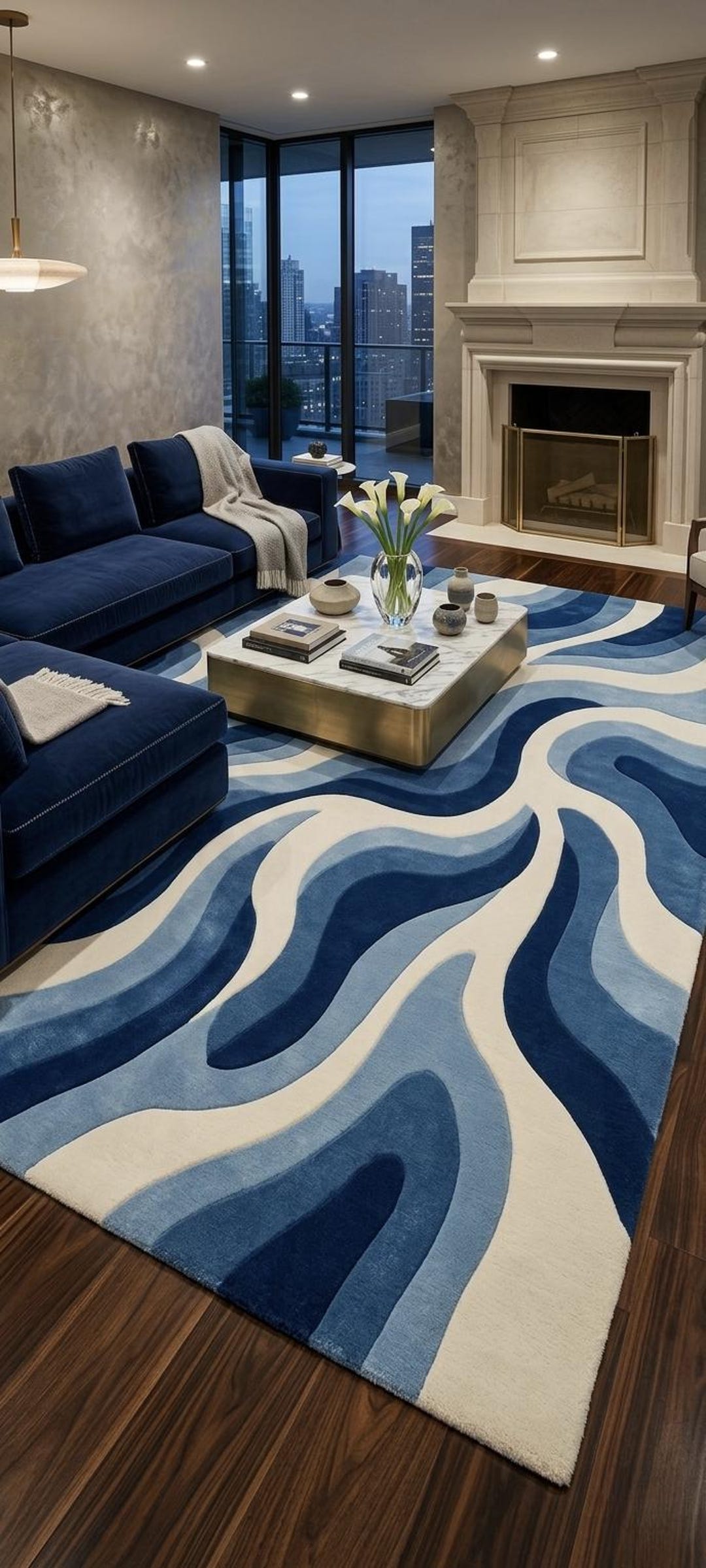 Abstract Wave Hand Tufted Wool Rug Modern Ocean Pattern Large Area ...