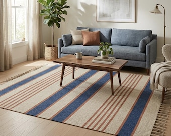 Blue Terracotta Striped Flat Weave Boho Fringe Rug For Modern Organic Living Room Decor