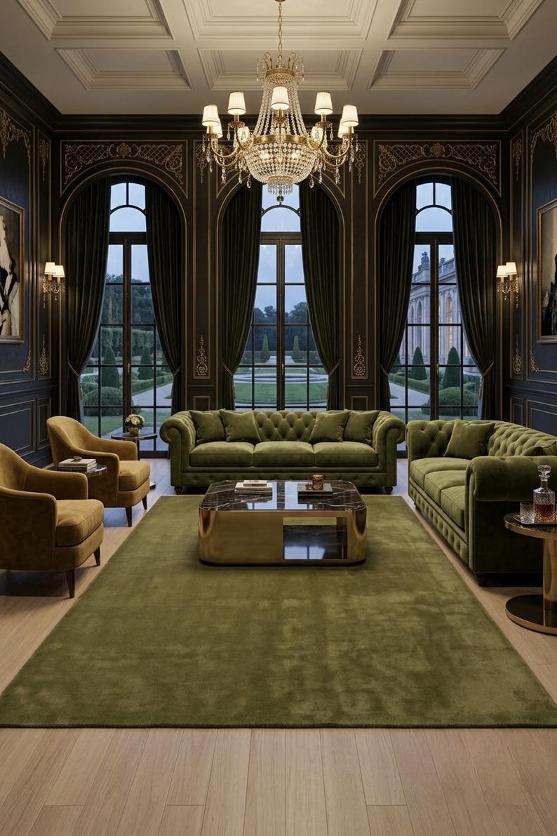May include: A living room set featuring two olive green tufted velvet sofas, two mustard yellow armchairs, and a square coffee table with a black marble top and gold base. A large olive green area rug covers the light wood floor beneath.