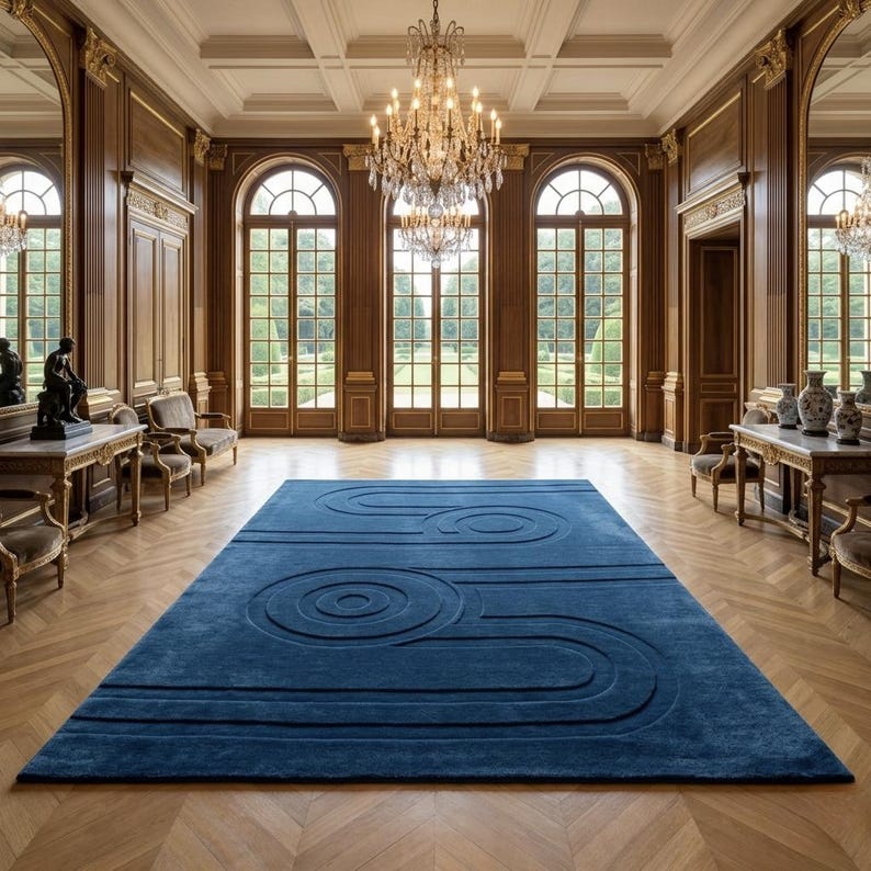 K&ouml;nnte beinhalten: Ein gro&szlig;er rechteckiger Teppich in tiefem Blau mit einem erhabenen, geschnitzten geometrischen Muster aus konzentrischen Kreisen und parallelen Linien. Der Teppich liegt mittig auf einem hellen Holzboden in einem gro&szlig;en Raum.