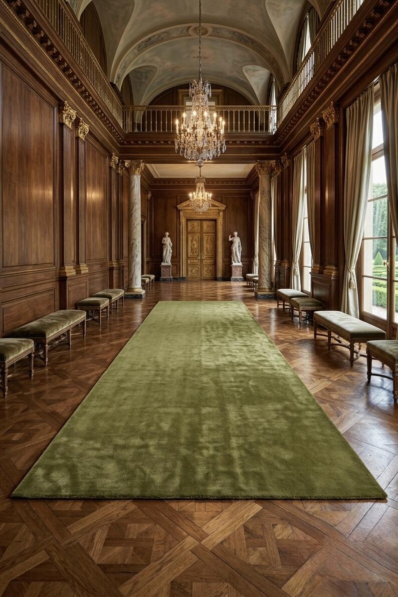 May include: A long, rectangular olive green area rug with a soft, plush texture centered on a polished dark wood parquet floor. The rug spans the length of a grand hallway featuring wood-paneled walls, marble columns, and crystal chandeliers.