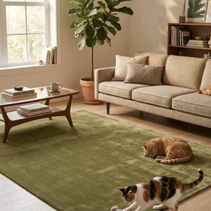 May include: A large, solid olive green area rug with a soft, plush texture covering a significant portion of the floor. The rug provides a neutral, earthy foundation for the room, featuring a clean, hemmed edge and a consistent, uniform color throughout.
