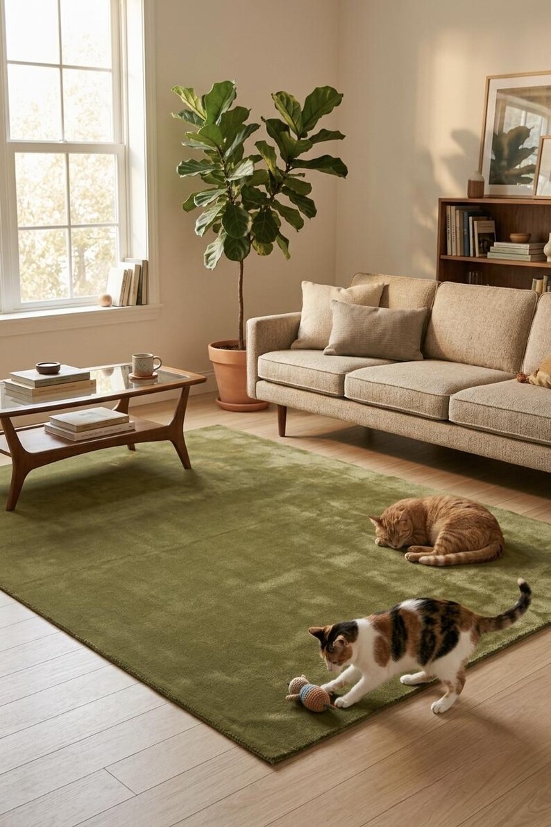 May include: A large, solid olive green area rug with a soft, plush texture covering a significant portion of the floor. The rug provides a neutral, earthy foundation for the room, featuring a clean, hemmed edge and a consistent, uniform color throughout.