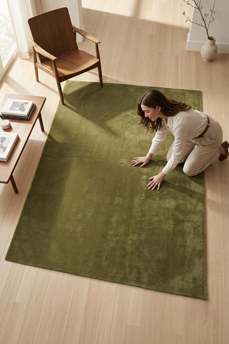 May include: A rectangular area rug in a solid olive green color with a short, dense pile texture. The rug is laid flat on a light-colored wooden floor, showcasing a uniform surface and clean, straight edges throughout its entire perimeter.