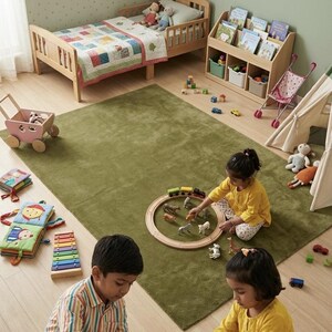 May include: A large rectangular olive green area rug centered in a room with a wooden toddler bed, a bookshelf with bins, a wooden toy train set, a xylophone, a play tent, and various small animal figurines scattered across the floor.