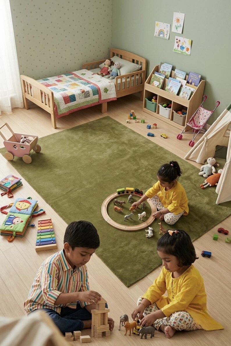 May include: A large rectangular olive green area rug centered in a room with a wooden toddler bed, a bookshelf with bins, a wooden toy train set, a xylophone, a play tent, and various small animal figurines scattered across the floor.