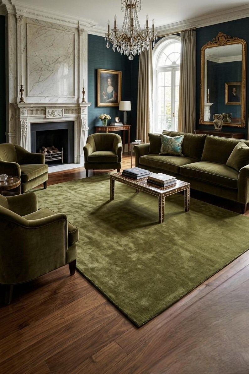 May include: A living room featuring a large olive green area rug, a matching velvet sofa, and three velvet armchairs. A rectangular coffee table with a patterned border sits in the center, while a marble fireplace and a gold-framed mirror are visible.