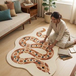 Può includere: Un tappeto color bianco sporco a forma di serpente arrotolato. Il serpente presenta un motivo geometrico nei toni del terracotta, marrone chiaro e verde acqua, con un occhio scuro e una lingua biforcuta rossa. Il tappeto ha una texture trapuntata.