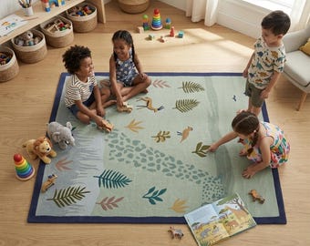 Handgetufteter Safari-Tierwollteppich für Kinderzimmer, wunderlicher Pastellspielzimmerteppich