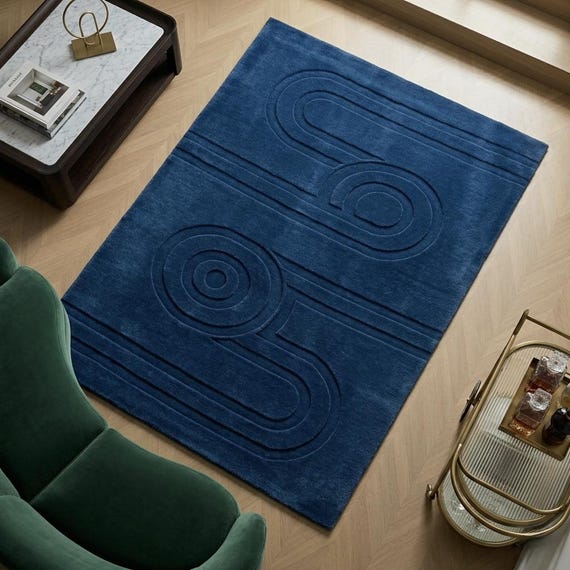 Modern Geometric Blue Area Rug, Hand Tufted Abstract Luxury Living Room Carpet Decor