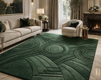 Luxus Waldgrün Hand Getufteter Teppich Art Deco Geschnitzter Geometrischer Wollteppich Für Zuhause