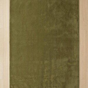 May include: A rectangular area rug in a solid olive green color. The rug features a short, dense pile texture that creates subtle variations in light and shadow across its surface, providing a uniform appearance with clean, straight edges.