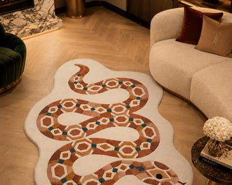 Handmade Snake Tufted Wool Rug, Irregular Shaped Animal Area Carpet, Modern Boho Floor Decor