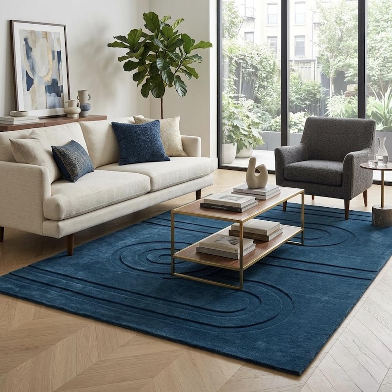 May include: A large rectangular area rug in a deep blue hue featuring a raised, carved geometric pattern of concentric rounded lines. The rug is positioned on a light-coloured wooden floor, providing a textured foundation for the living room furniture.