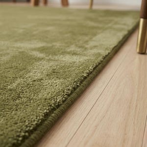 May include: A solid olive green area rug with a short, dense pile texture and a finished bound edge. The rug is rectangular in shape and features a consistent, uniform color throughout its surface, lying flat on a light-colored wooden floor.