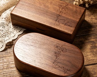 Caja de joyería de madera grabada personalizada para mujer, caja de joyería con forma de flor de nacimiento y nombre, caja de joyería de viaje personalizada, regalo para damas de honor, regalo de cumpleaños