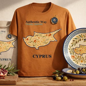 Puede incluir: Una camiseta naranja, un bolso de mano y un plato con un mapa de Chipre. La camiseta y el bolso tienen el texto "Authentic Way Travel Deeper" y "CYPRUS". Un colgante de brújula cuelga de la camiseta y el bolso. También se muestra un plato con aceitunas y granadas.