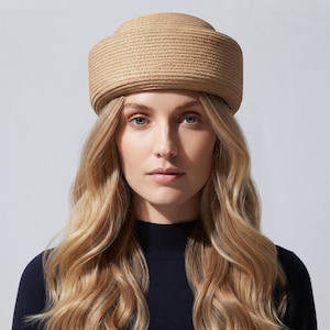 Summer Paper Straw Pillbox Hat | Vintage Retro Beret | 1950s Garden Party Headwear