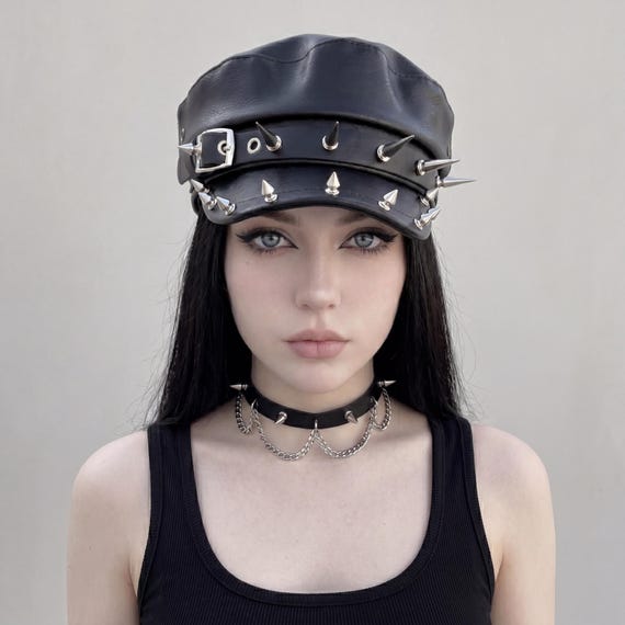 Harajuku Fashion Spiked Leather Cap, Gothic Punk Biker Hat, Studded Streetwear Accessory