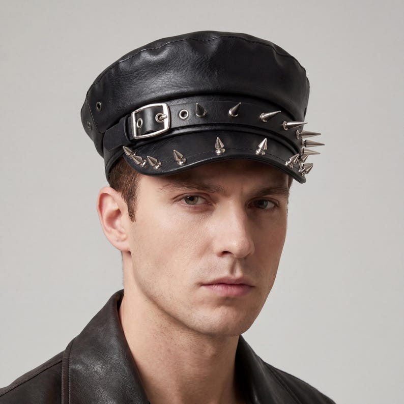 Puede incluir: Gorra de cuero negro con hebilla plateada y tachuelas. La gorra tiene una corona redondeada y una visera corta y r&iacute;gida. Las tachuelas plateadas, en forma de cono, a&ntilde;aden un toque punk rock.