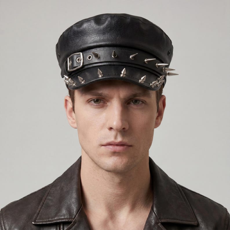 Puede incluir: Gorra de cuero negra con p&uacute;as plateadas y cierre de hebilla. La gorra tiene una copa redondeada y una visera corta y r&iacute;gida. Las p&uacute;as est&aacute;n espaciadas uniformemente a lo largo del borde y la parte superior, dando un aspecto audaz.