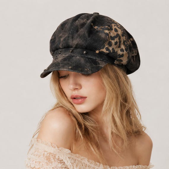 Women's Newsboy Beret Cap  | Tie Dye Star Studded Beret | Rivet Accent Hat | Streetwear Cap