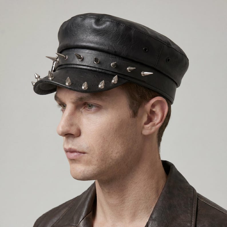 Puede incluir: Gorra de cuero negro con p&uacute;as plateadas alrededor del borde. La gorra tiene una parte superior plana y una visera corta y curvada. La persona lleva una chaqueta de cuero marr&oacute;n.