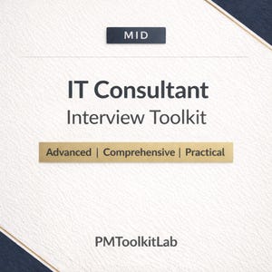 Puede incluir: Fondo blanco con el texto "IT Consultant Interview Toolkit". El texto está en negrita, sin serifa. Debajo del título están las palabras "Advanced | Comprehensive | Practical". El logotipo "PMToolkitLab" está en la parte inferior.