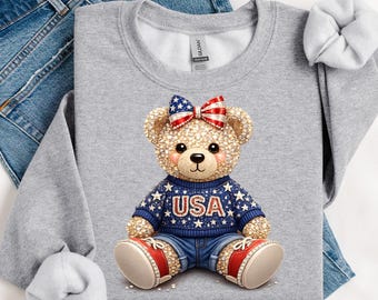 Patriotic Teddy Bear PNG, USA Rhinestone Design, 4th of July Sublimation File (Digital Download)