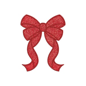May include: A red glittery bow with a central knot and two long, curved ribbon tails extending downwards. The design features a textured, sparkling surface with a distinct dark red stitched outline defining the shape of the bow and ribbons.