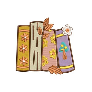 May include: An embroidered patch featuring four books standing upright. The first is yellow with orange flowers, the second is cream with brown dashes, the third is pink with yellow flowers, and the fourth is purple with a blue mushroom and white flower.