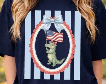 Patriotic Alligator PNG, Cute 4th Of July Design, American Flag Gator, Coquette Bow USA Graphic, Sublimation File