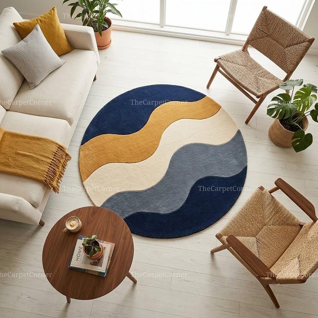 Modern Abstract Round Rug, Blue Mustard Cream Area Rug, Contemporary ...
