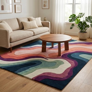 Modern Abstract Area Rug – Colorful Wave Pattern Carpet, Contemporary Living Room Rug, Soft Artistic Floor Decor, Bedroom Statement Rug