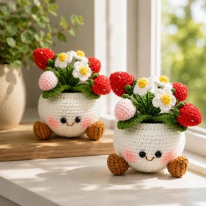 May include: Two crocheted strawberry planters with smiling faces. Each white pot features red strawberries, white flowers with yellow centers, and pink buds. The planters have brown feet and are displayed on a wooden surface.