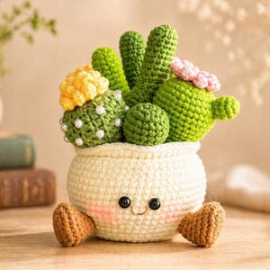 May include: A crocheted cactus arrangement in a cream-coloured pot with a smiling face and small brown feet. The arrangement includes green cacti with yellow and pink crocheted flowers. The pot is approximately 10 cm tall.