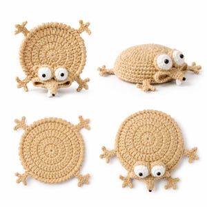May include: A set of four beige crochet figures shaped like circular creatures with four spindly limbs and large white eyes with black pupils. Each figure features a textured, round body and a small pointed snout, showcasing detailed yarn stitching.