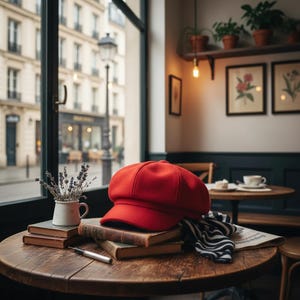 May include: A red newsboy cap rests on a stack of vintage books on a wooden table. A black and white striped scarf and a pen are also on the table. A small white pitcher with lavender and a window with a city view are in the background.