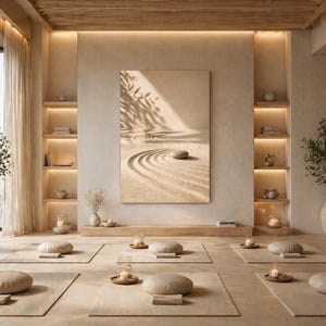 Pode incluir: Um sereno estúdio de ioga com tons neutros. Tapetes e almofadas bege são dispostos no chão. Uma grande obra de arte retrata um jardim zen. O espaço é iluminado por luz suave e velas, criando uma atmosfera calma.