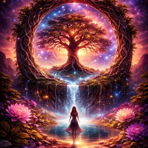 Può includere: Illustrazione digitale di una donna di fronte a una cascata e a uno stagno, con un grande albero al centro. La scena è incorniciata da un arco circolare di rami intrecciati, con uno sfondo di cielo stellato e colori vivaci.