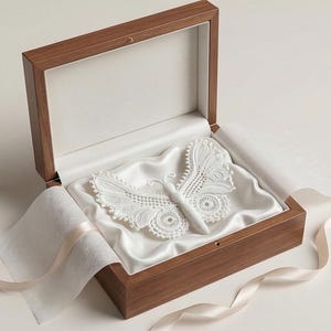May include: A white, intricately crocheted butterfly rests inside a wooden box lined with white satin. The butterfly's wings and body are detailed with delicate patterns. The box is open, revealing the butterfly and its presentation.